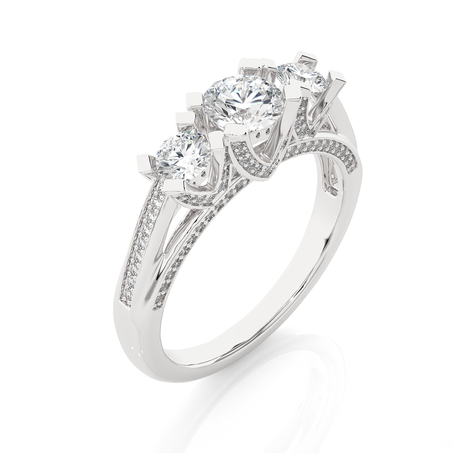 Three Stone Diamond Hidden Halo Engagement Ring
