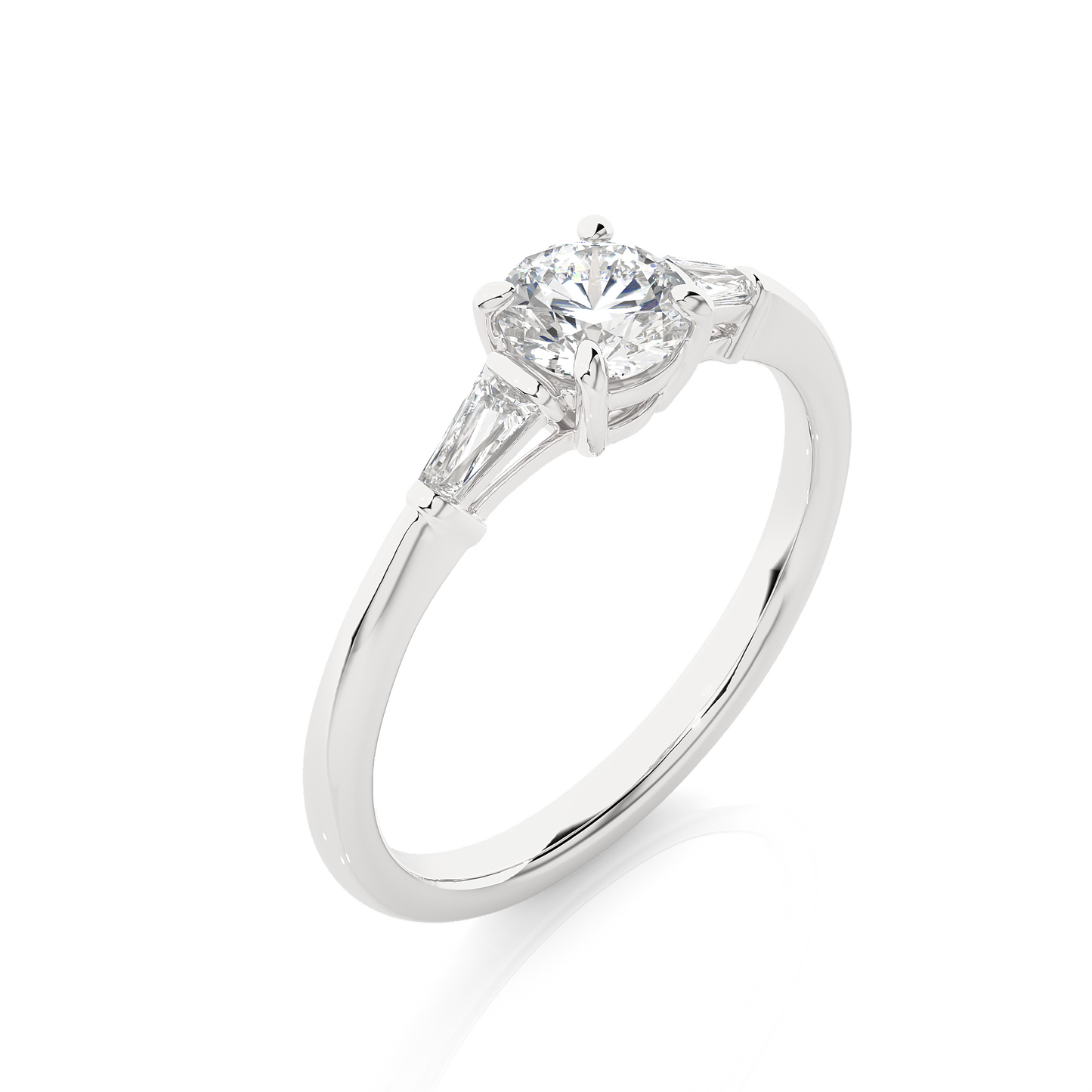 Round Lab / Moissanite Diamond With Tapered Baguette Three Stone Ring