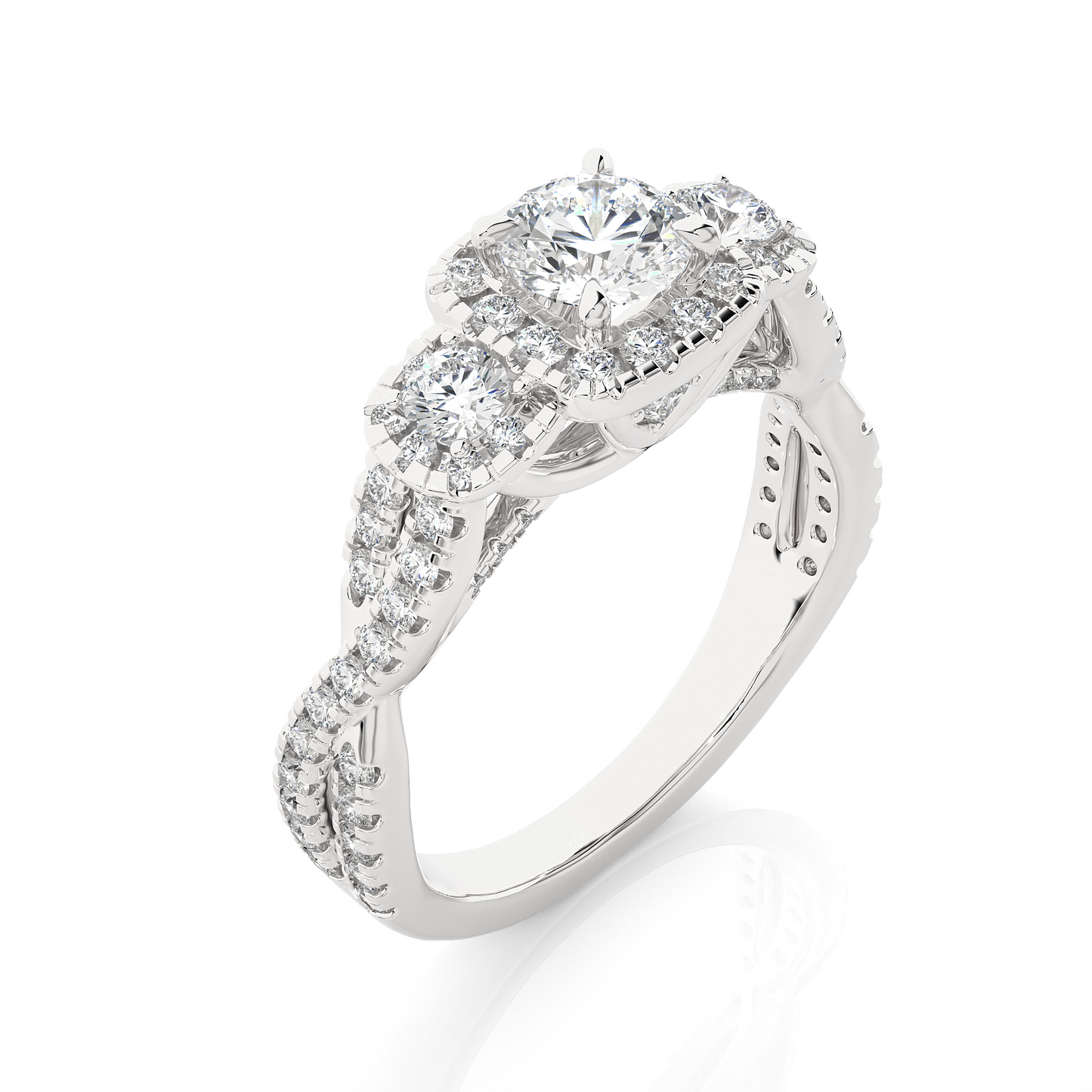 Lab & Moissanite Diamond Halo Three Stone Engagement Ring