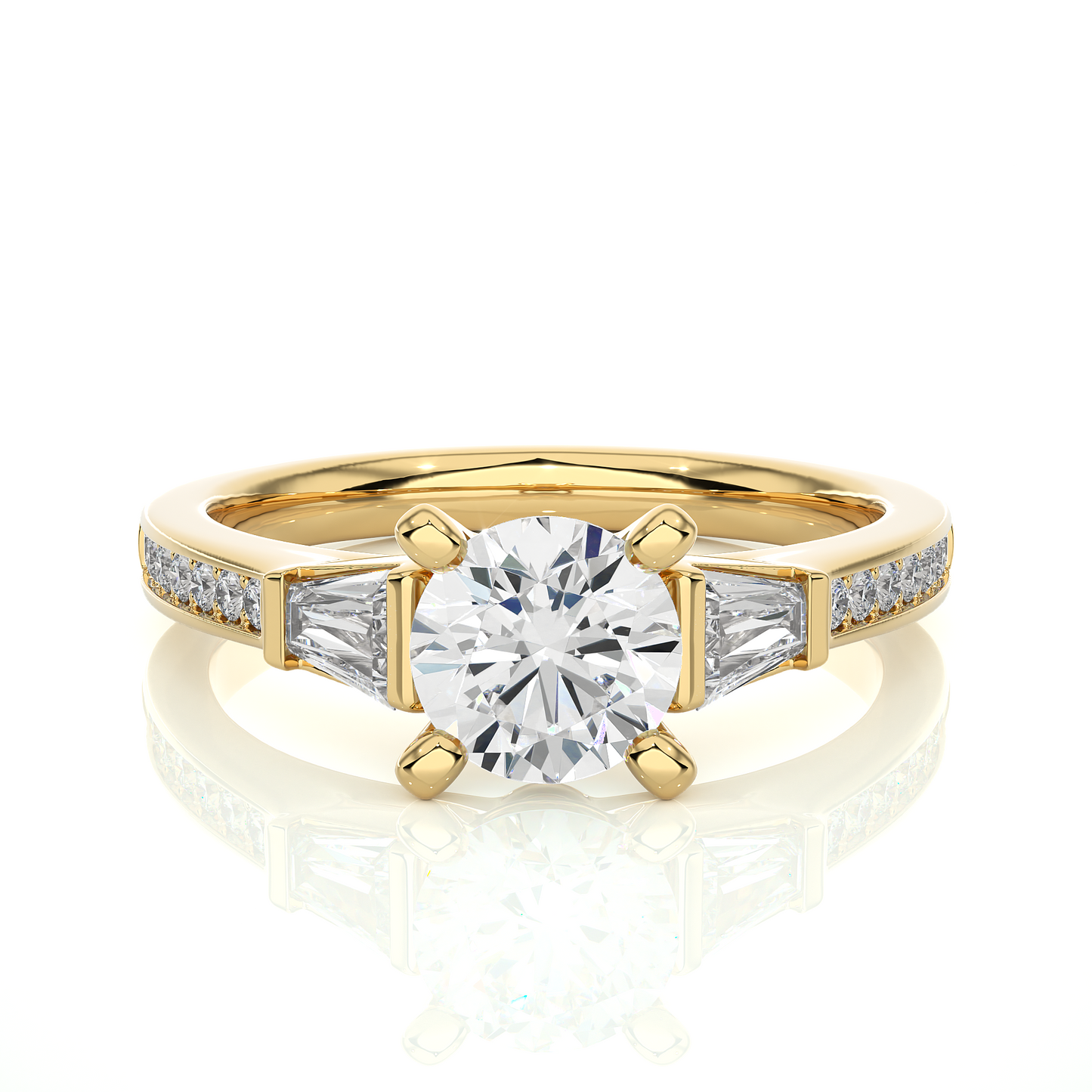 Round Diamond Three Stone Engagement Ring With Baguette Side Stones