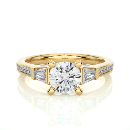 Round Diamond Three Stone Engagement Ring With Baguette Side Stones