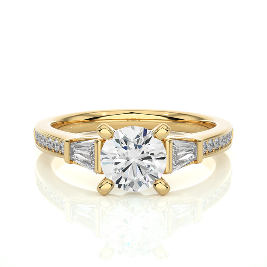 Round Diamond Three Stone Engagement Ring With Baguette Side Stones