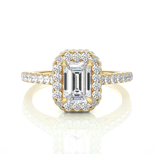2 Carat Emerald Cut Lab Grown Diamond Halo Ring in Vermeil Gold | Moissanite Engagement Ring for Women
