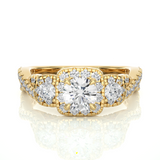 Lab & Moissanite Diamond Halo Three Stone Engagement Ring