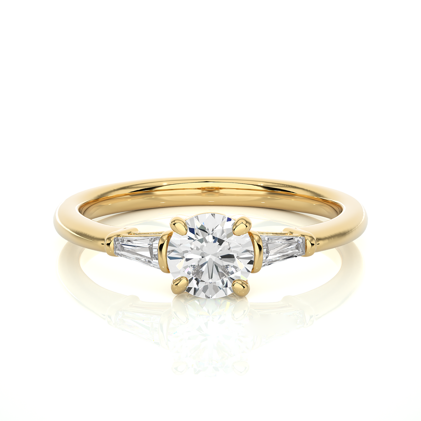 Round Lab / Moissanite Diamond With Tapered Baguette Three Stone Ring