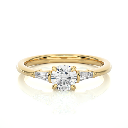 Round Lab / Moissanite Diamond With Tapered Baguette Three Stone Ring