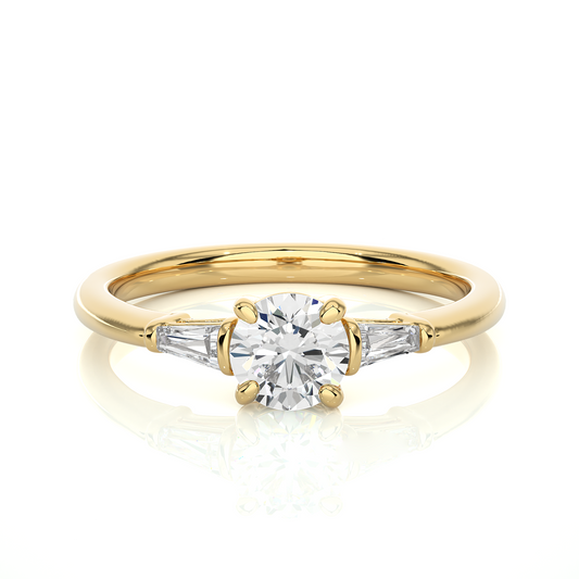 Round Lab / Moissanite Diamond With Tapered Baguette Three Stone Ring