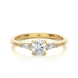 Round Lab / Moissanite Diamond With Tapered Baguette Three Stone Ring