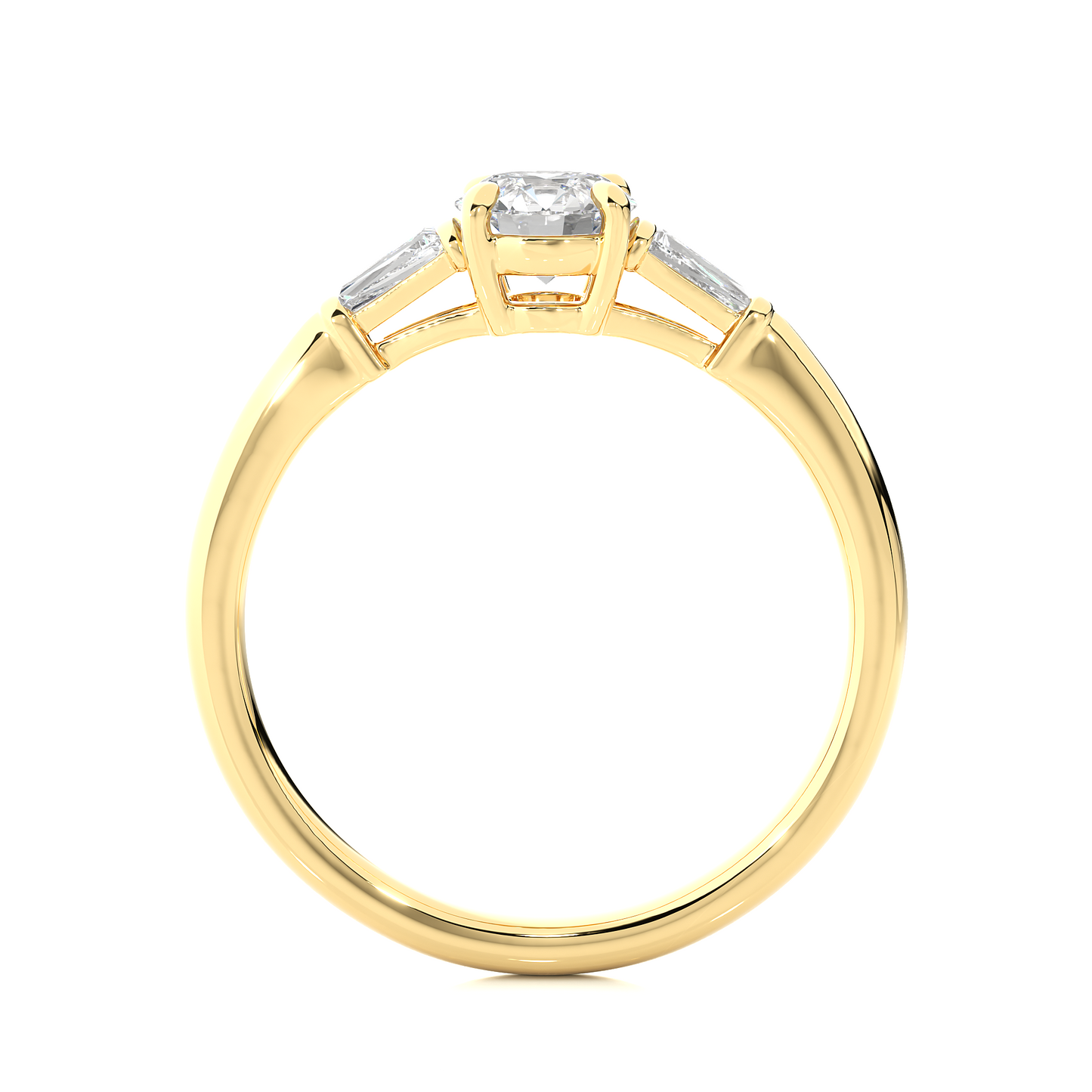 Round Lab / Moissanite Diamond With Tapered Baguette Three Stone Ring