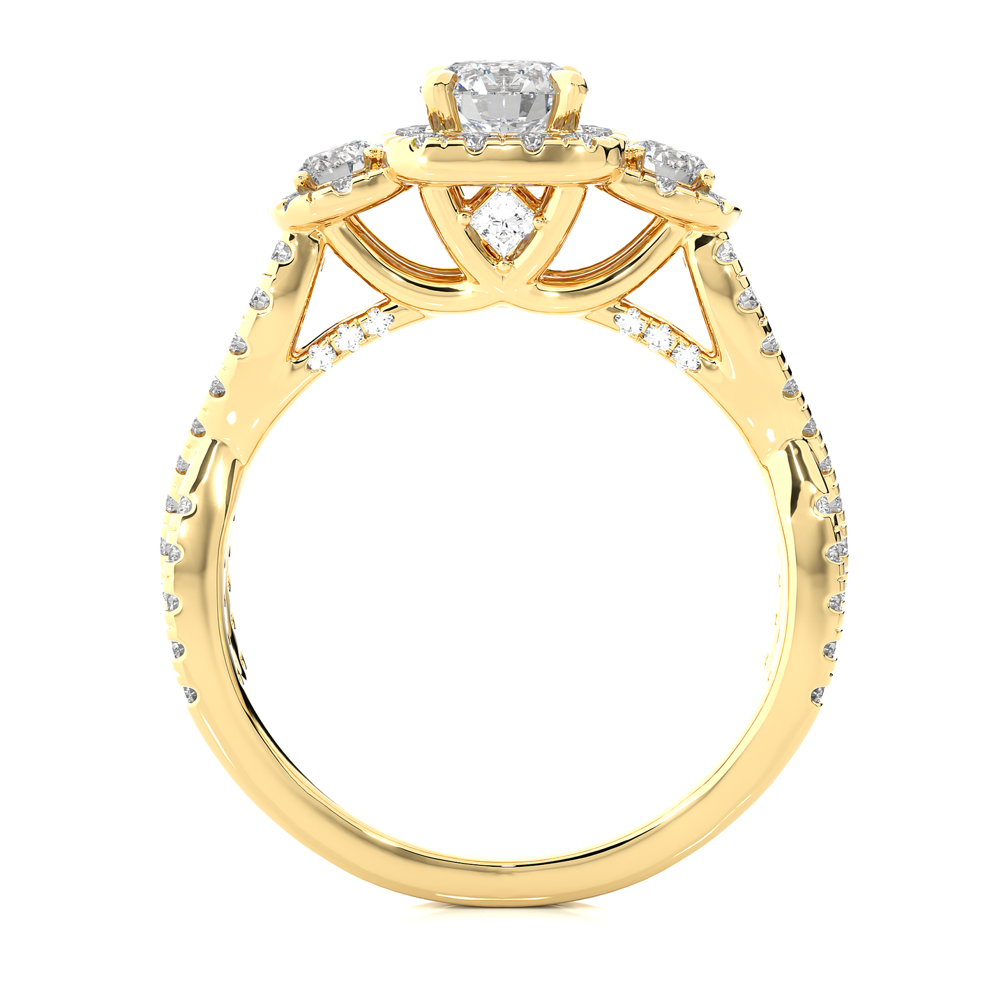 Lab & Moissanite Diamond Halo Three Stone Engagement Ring