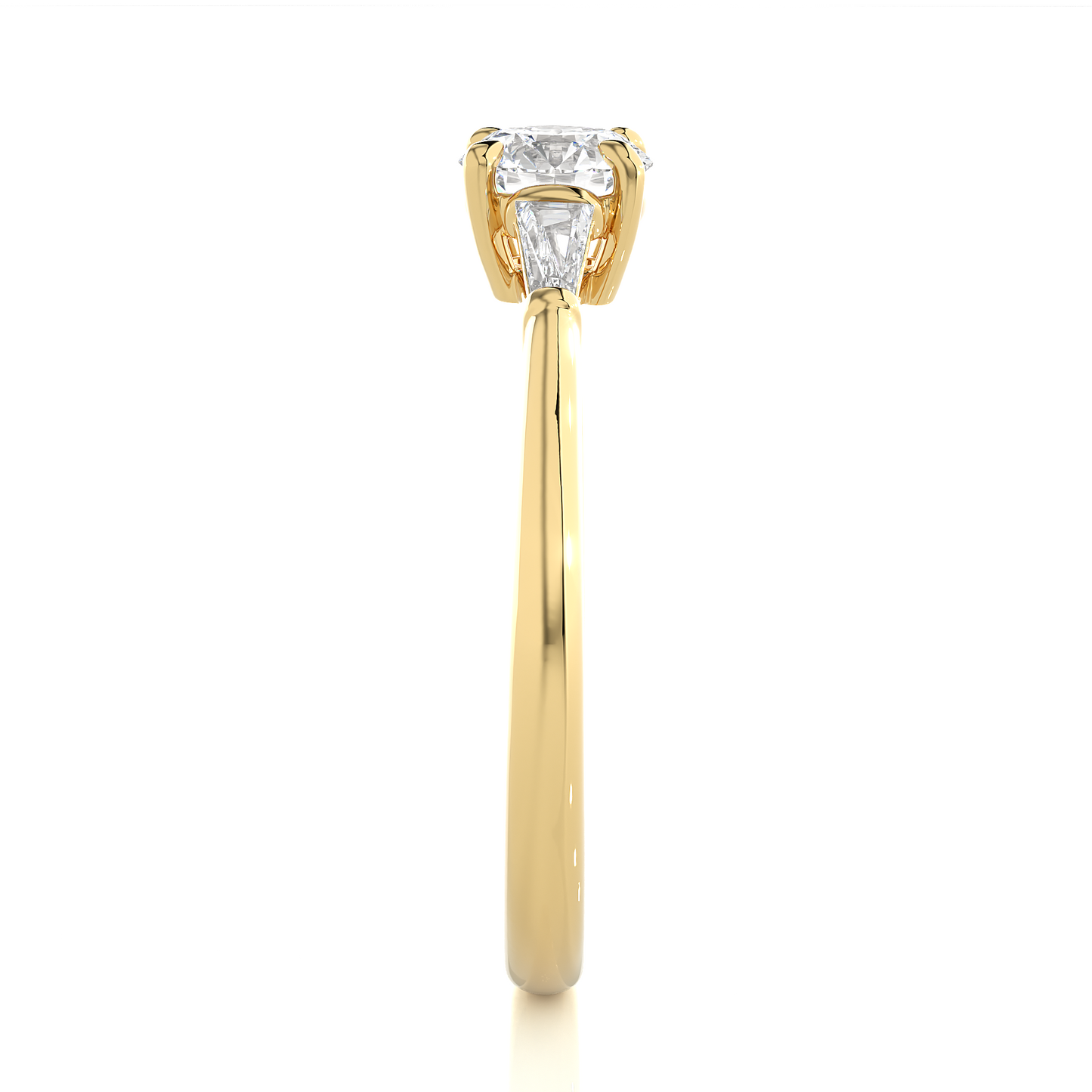 Round Lab / Moissanite Diamond With Tapered Baguette Three Stone Ring