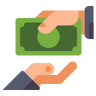 A flat vector icon depicting two stylized hands exchanging a green dollar bill, with peach-colored hands and a dark green and blue-green dollar bill.