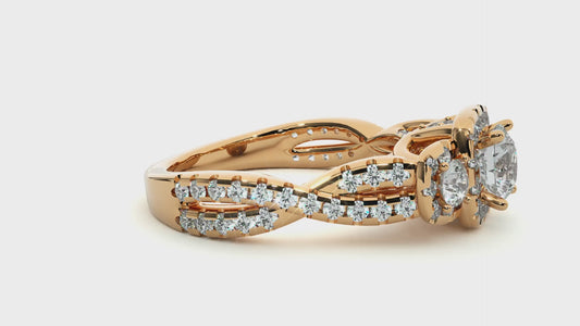Lab & Moissanite Diamond Halo Three Stone Engagement Ring