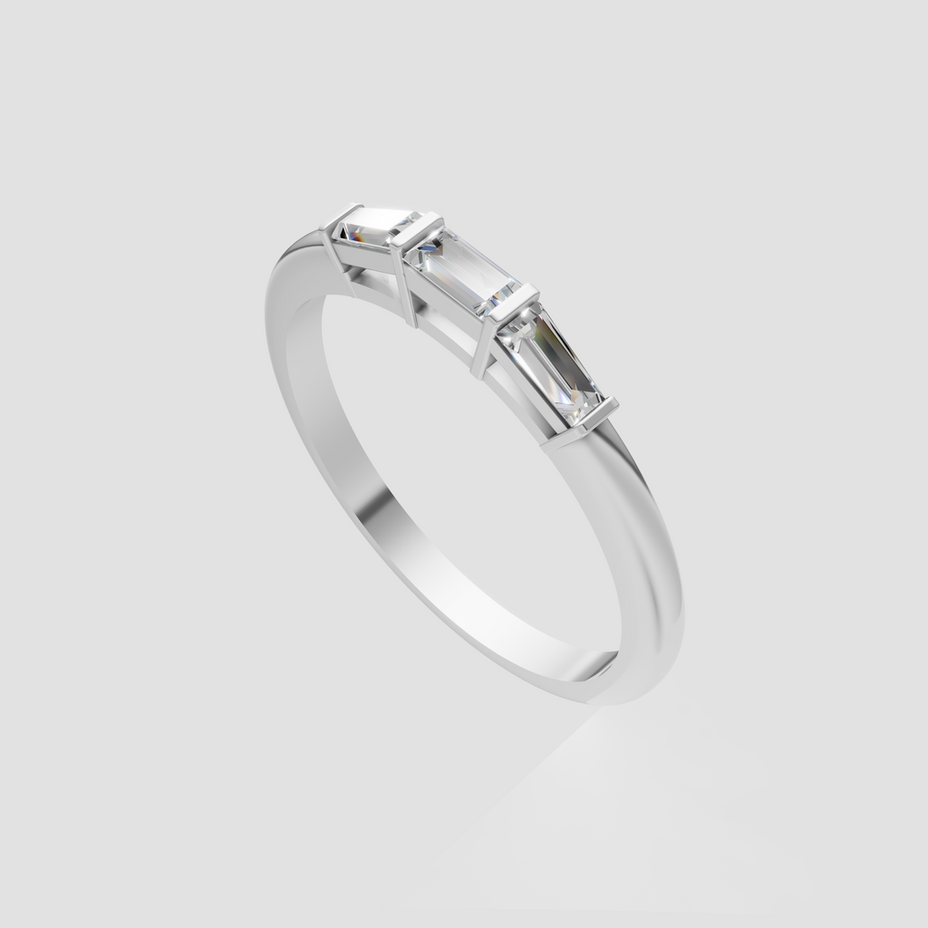 Front view of a three-stone horizontal baguette diamond ring