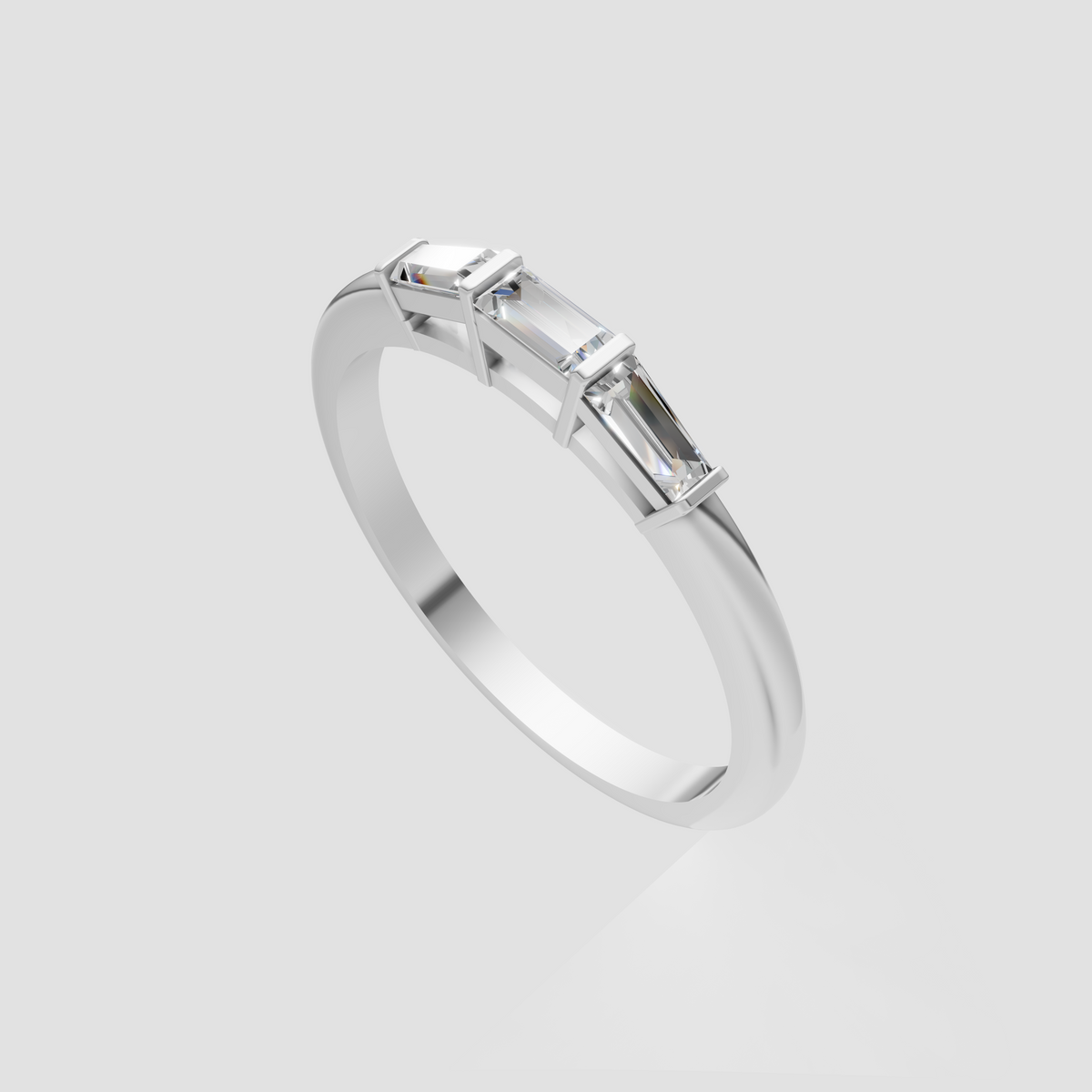 Front view of a three-stone horizontal baguette diamond ring