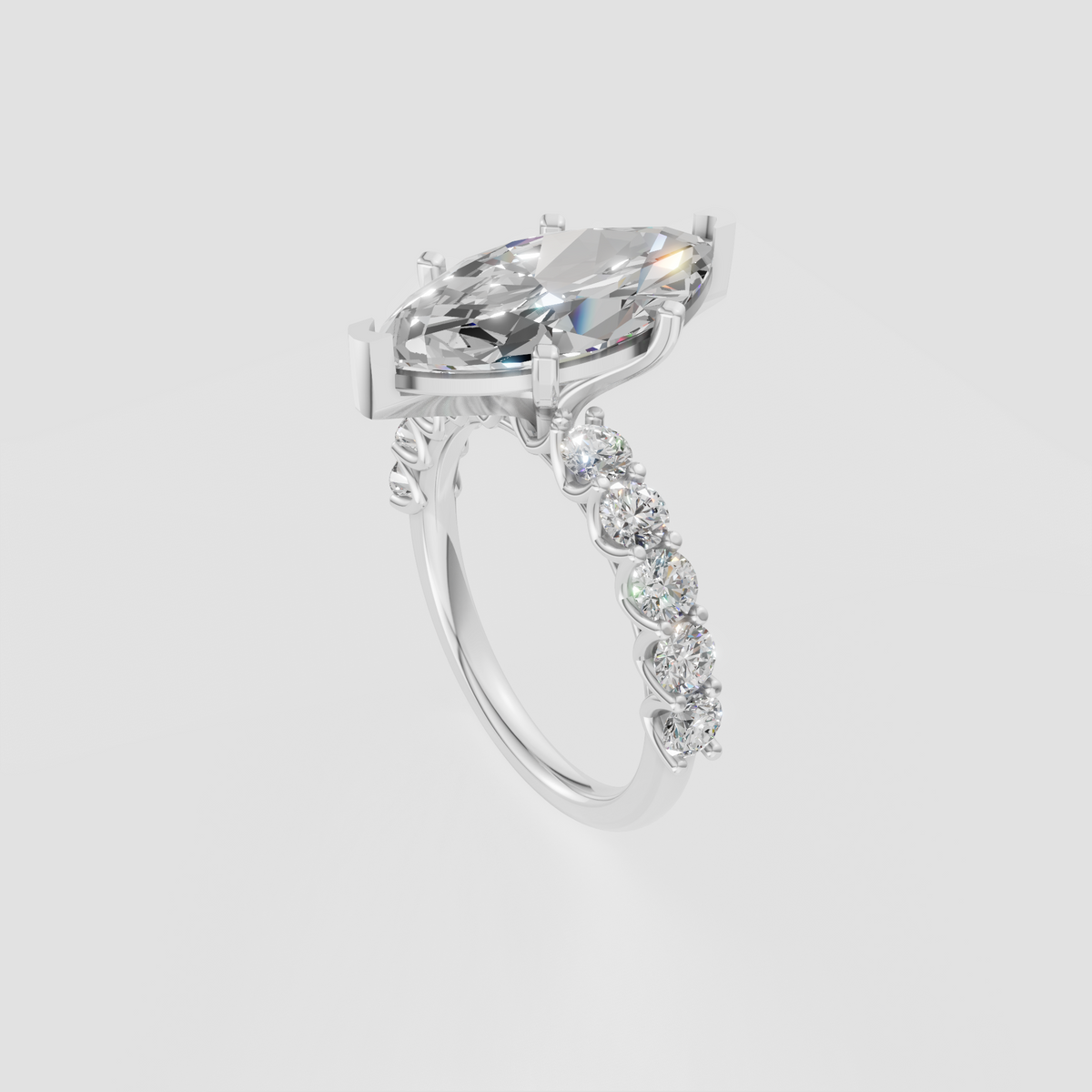 Romantic marquise lab grown diamond engagement ring with diamond pavé band