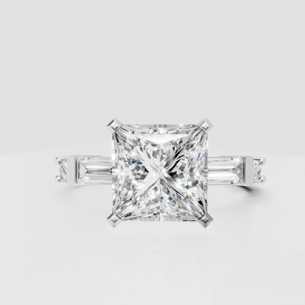 Princess diamond engagement ring with geometric side stones