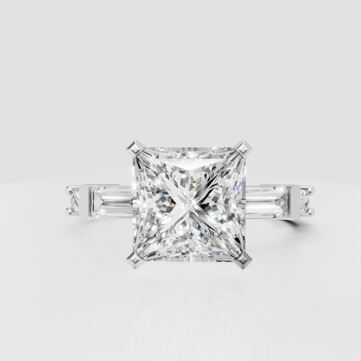 Princess diamond engagement ring with geometric side stones