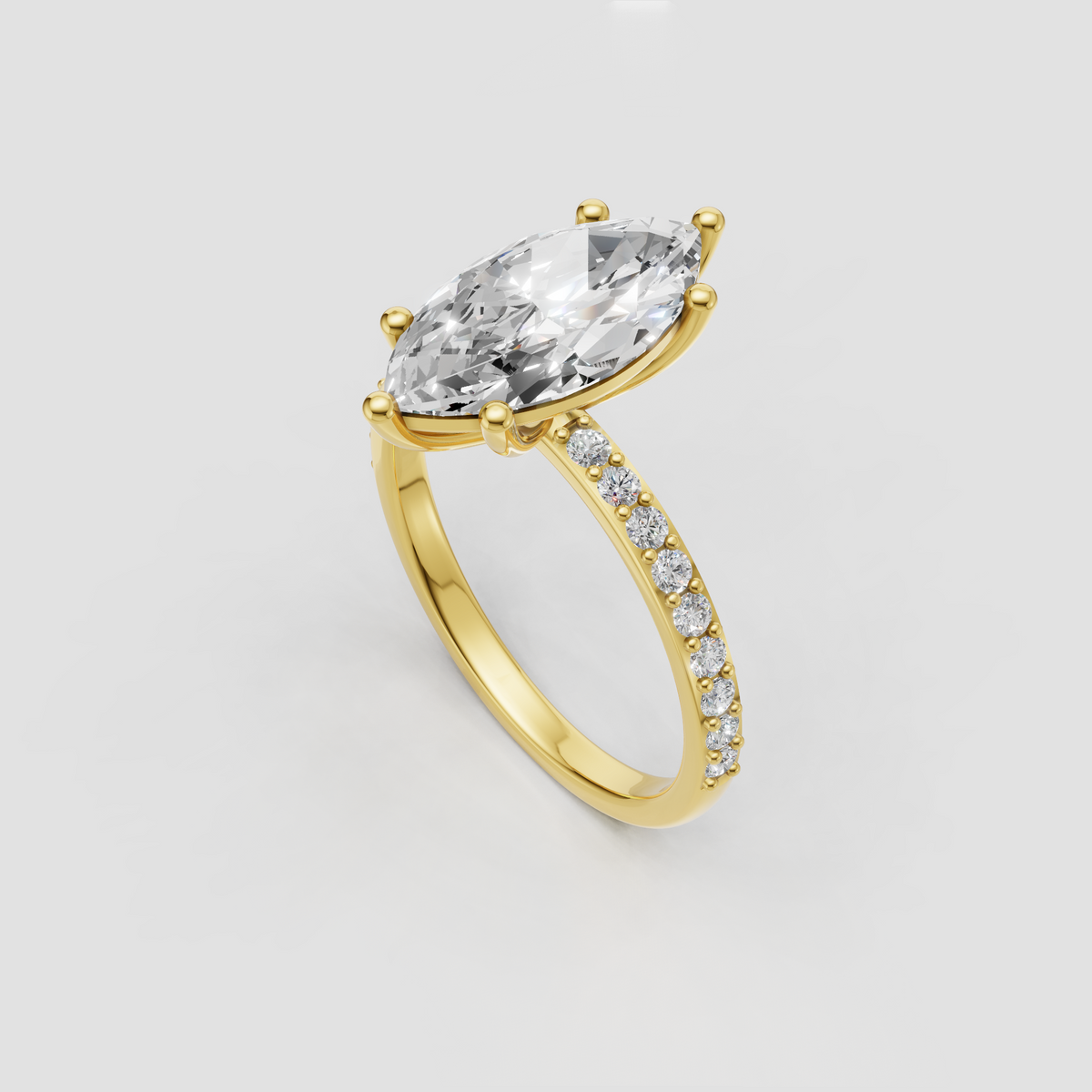 Marquise diamond engagement ring with six prong setting and sparkling side diamonds