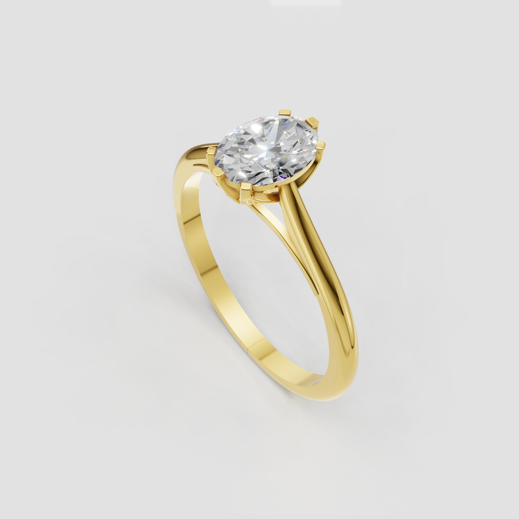 Oval solitaire diamond engagement ring with polished yellow gold band